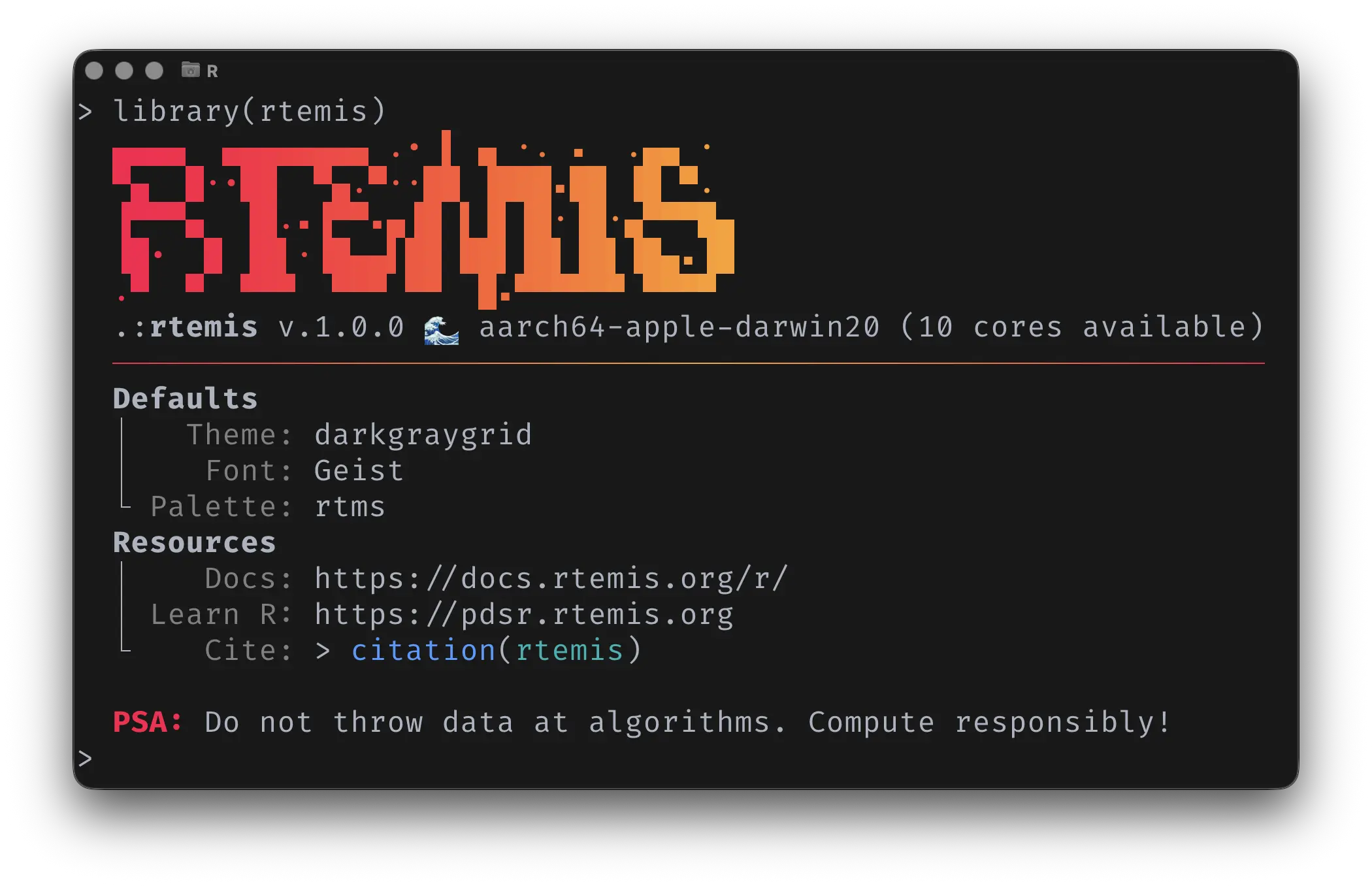 rtemis v1.0.0 console ascii
